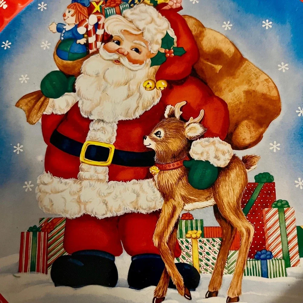 Vintage‎ Y2K Santa Claus & Reindeer Tin Tray Red Snowflake Christmas Decor 12.5